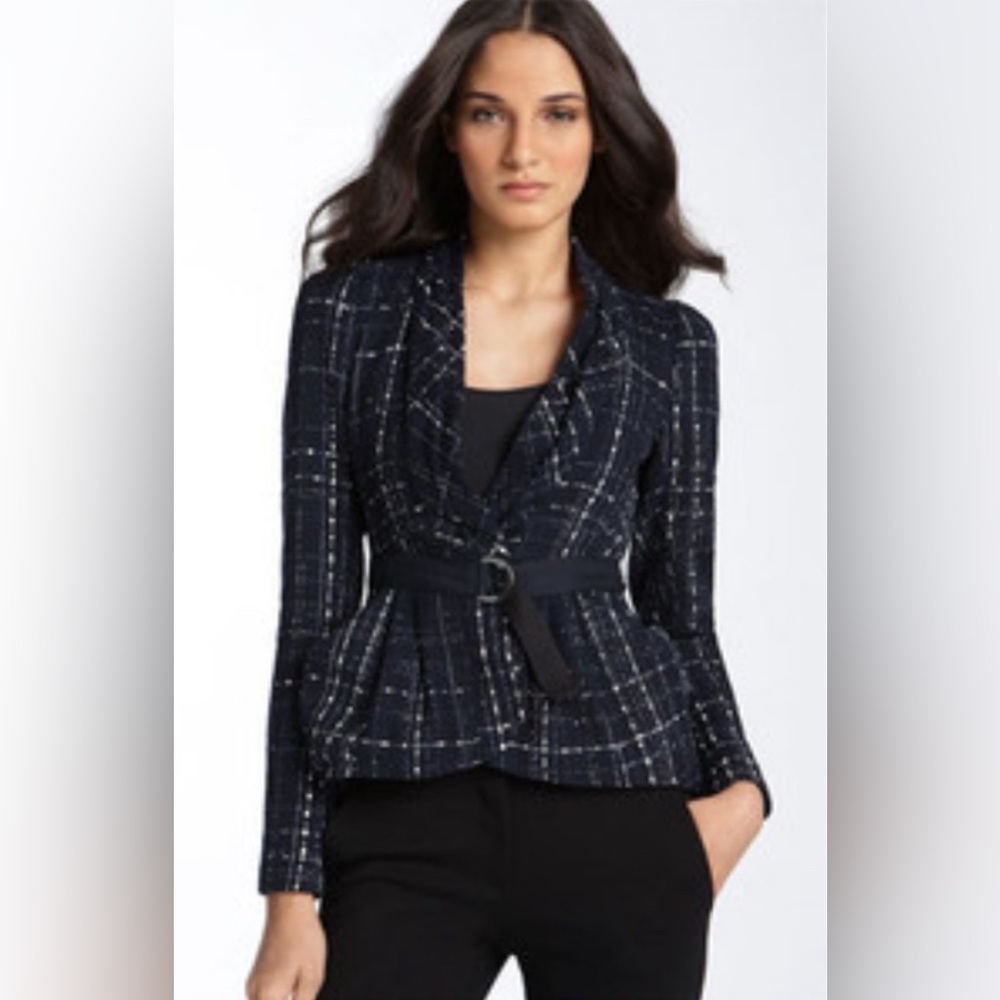 Nanette Lepore Maddalena Tweed Blue Blazer Belted Mermaid Asymmetric Size 4 Navy